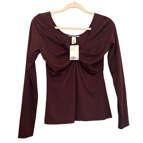 H&M Tops - H&M Women Burgundy Purple Shimmer Twist Front Long Sleeve V-Neck Top Size M NWT